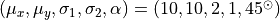 (\mu_x, \mu_y, \sigma_1, \sigma_2, \alpha) = (10, 10, 2, 1, 45^\odot)