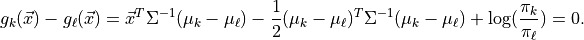 g_k(\vec{x}) - g_\ell(\vec{x}) = \vec{x}^T \Sigma^{-1} (\mu_k-\mu_\ell)  - \frac{1}{2}(\mu_k - \mu_\ell)^T \Sigma^{-1}(\mu_k -\mu_\ell)  + \log (\frac{\pi_k}{\pi_\ell}) = 0.