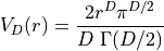 V_D(r) = \frac{2r^D\pi^{D/2}}{D\  \Gamma(D/2)}