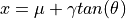 x = \mu + \gamma tan(\theta)