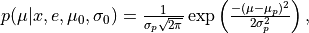 p(\mu | x, e, \mu_0, \sigma_0) = \frac{1}{\sigma_p\sqrt{2\pi}} \exp\left(\frac{-(\mu - \mu_p)^2}{2\sigma_p^2}\right),