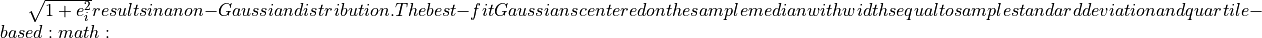 \sqrt{1 + e_i^2} results in a
non-Gaussian distribution. The best-fit Gaussians centered on the sample
median with widths equal to sample standard deviation and quartile-based
:math: