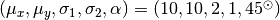 (\mu_x, \mu_y, \sigma_1, \sigma_2, \alpha) = (10, 10, 2, 1, 45^\odot)